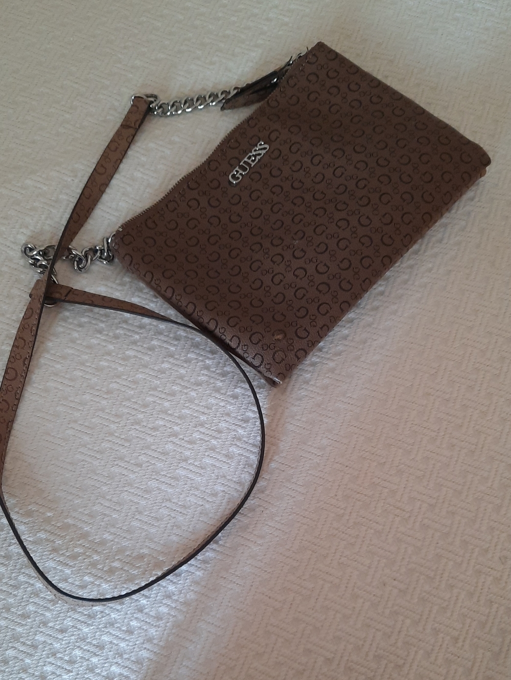GUESS Brown Signature Print Crossbody Bag with Silver Hardware